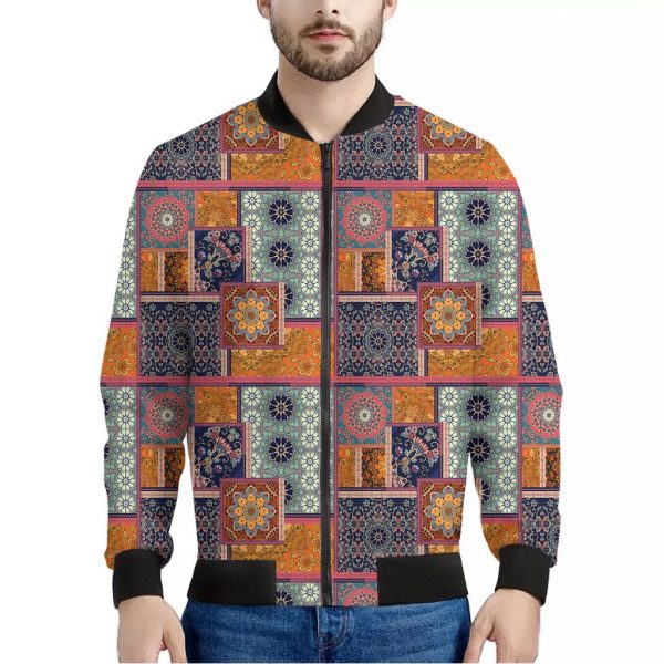 Ethnic Floral Patchwork Pattern Print Bomber Jacket