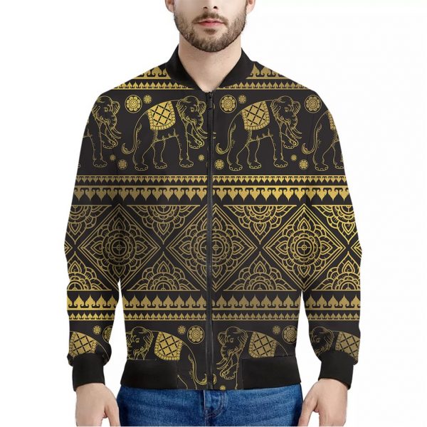 Ethnic Thai Elephant Pattern Print Bomber Jacket