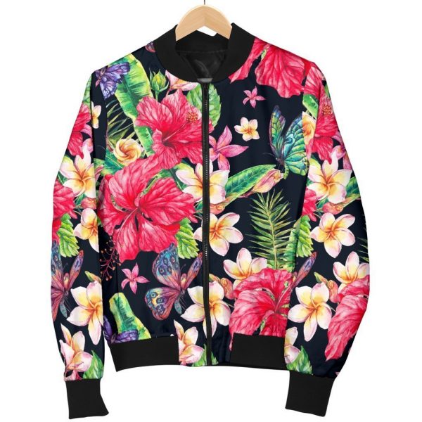 Exotic Hibiscus Flowers Pattern Print Bomber Jacket