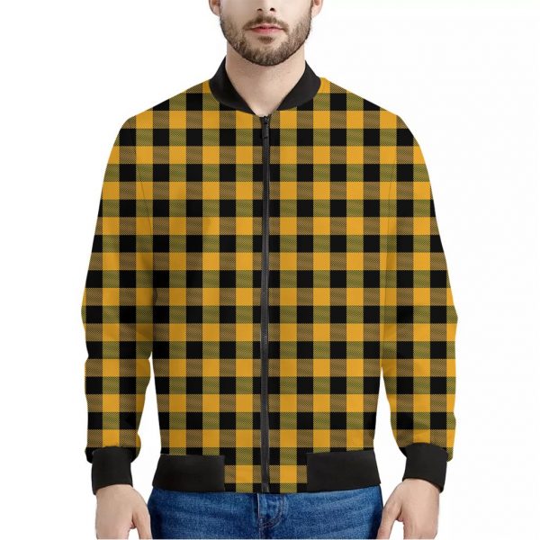 Fire Yellow Buffalo Check Pattern Print Bomber Jacket