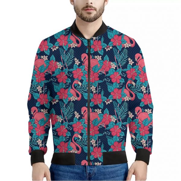 Flamingo And Hawaiian Floral Print Bomber Jacket