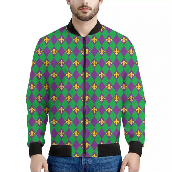 Fleur-De-Lis Mardi Gras Pattern Print Bomber Jacket