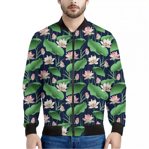 Flower And Leaf Lotus Pattern Print Bomber Jacket