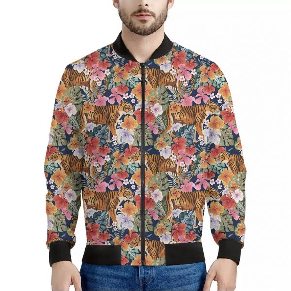 Flower And Tiger Pattern Print Bomber Jacket