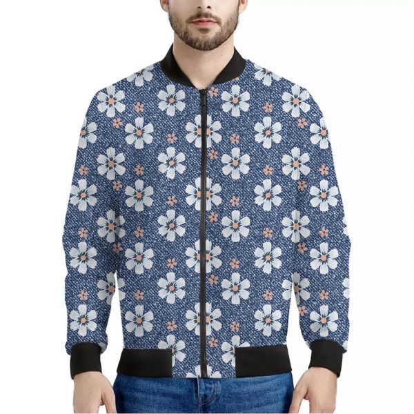 Flower Denim Jeans Pattern Print Bomber Jacket