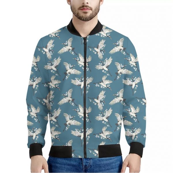 Flying Crane Bird Pattern Print Bomber Jacket