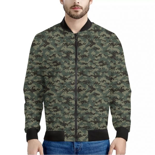 Forest Green Digital Camo Pattern Print Bomber Jacket
