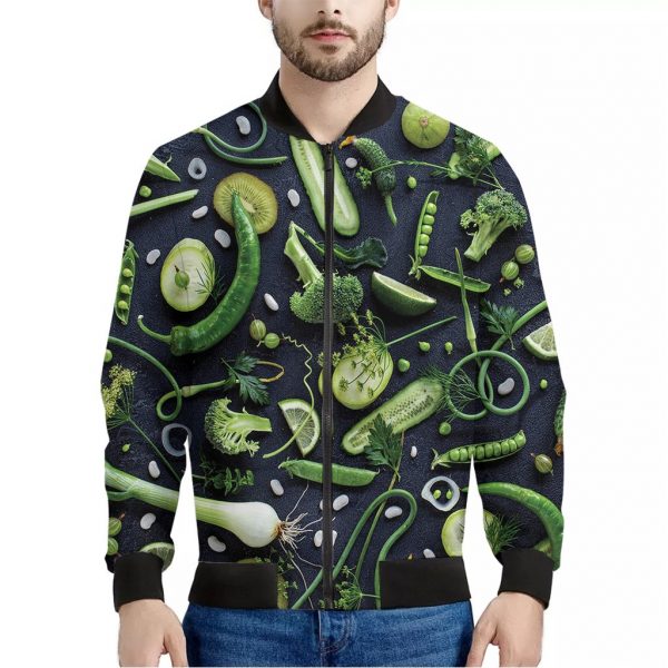 Fresh Green Fruit And Vegetables Print Bomber Jacket