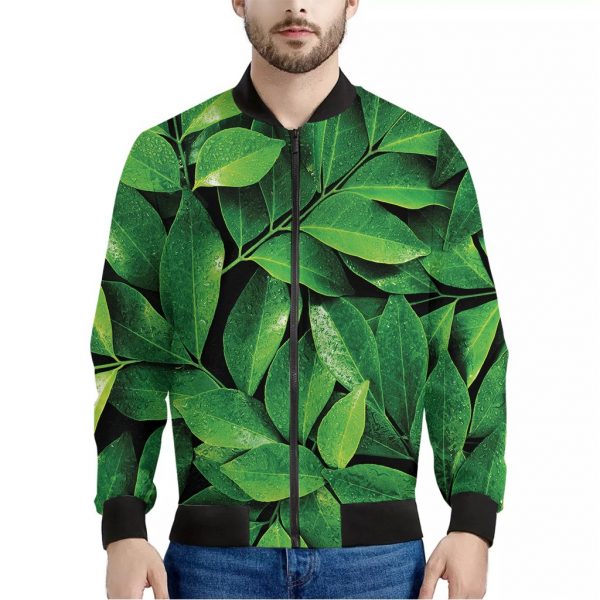 Fresh Green Leaf Print Bomber Jacket