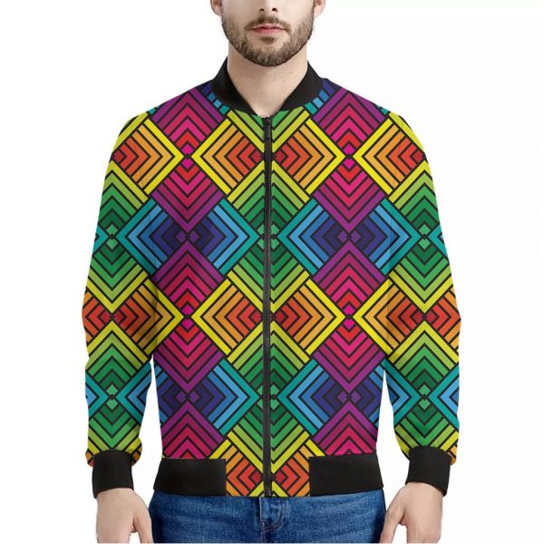 Geometric Rainbow Pattern Print Bomber Jacket