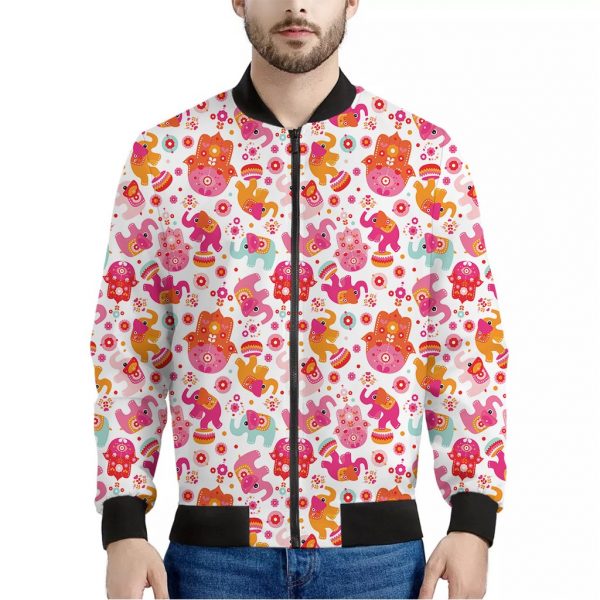 Girly Elephant And Hamsa Pattern Print Bomber Jacket