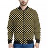 Gold And Black Checkered Pattern Print Bomber Jacket