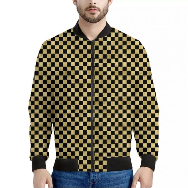 Gold And Black Checkered Pattern Print Bomber Jacket