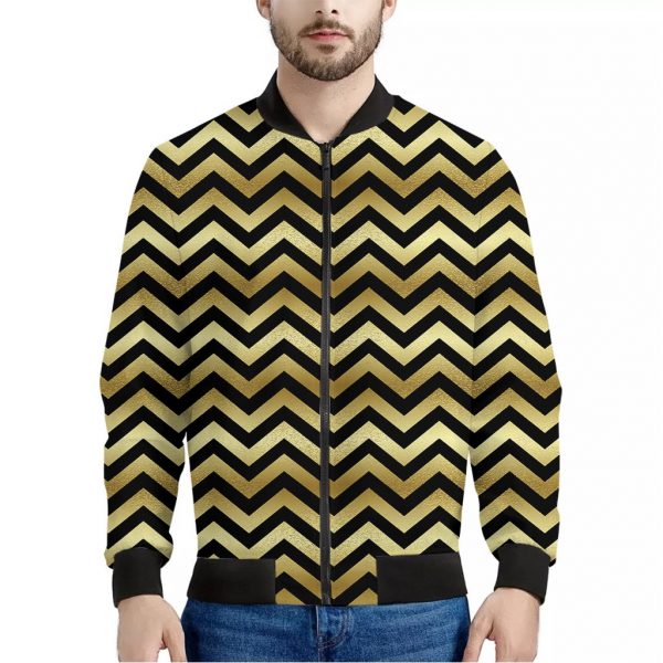 Gold And Black Chevron Pattern Print Bomber Jacket