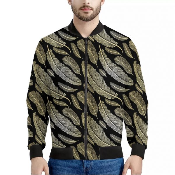 Gold And Black Feather Pattern Print Bomber Jacket