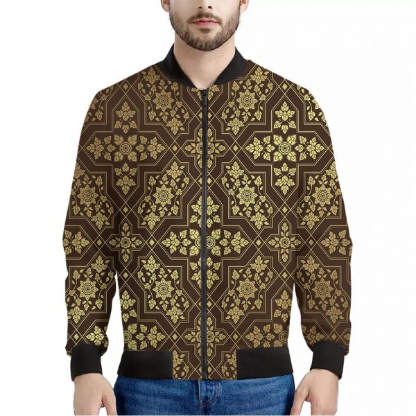 Gold And Brown Thai Pattern Print Bomber Jacket
