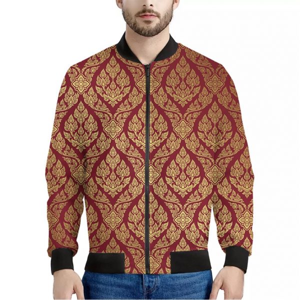 Gold And Red Thai Pattern Print Bomber Jacket