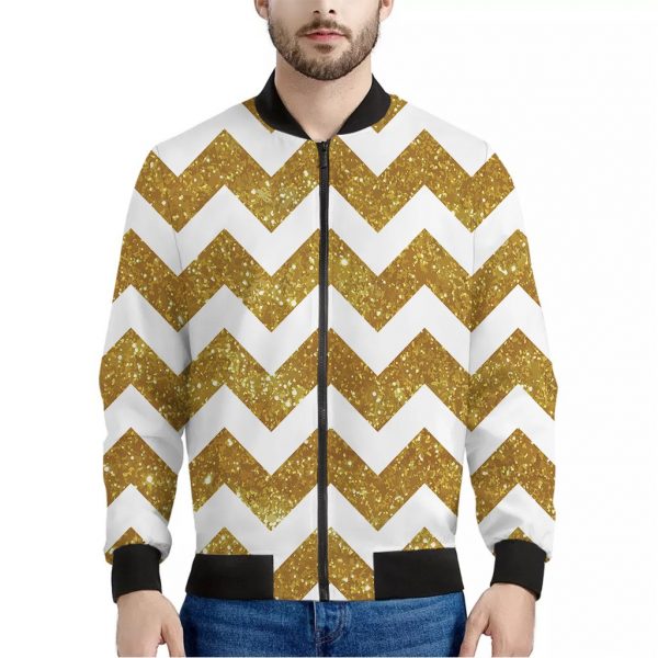 Gold And White Chevron Pattern Print Bomber Jacket