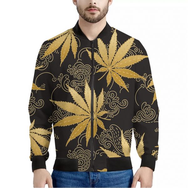 Gold Cannabis Leaf Pattern Print Bomber Jacket
