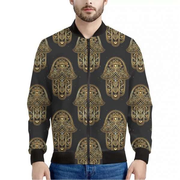 Gold Hamsa Pattern Print Bomber Jacket
