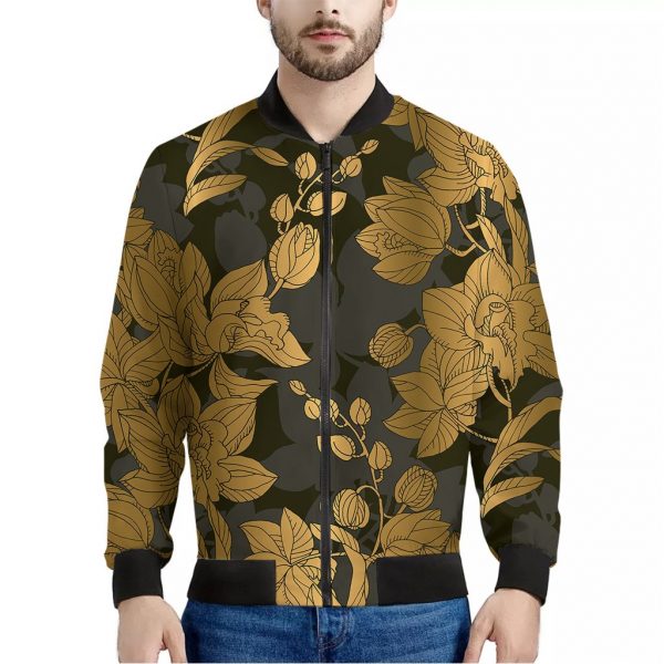 Golden Orchid Pattern Print Bomber Jacket