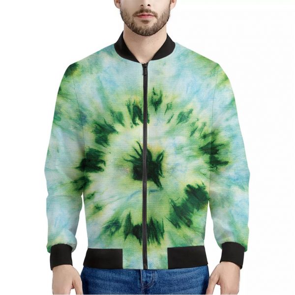 Green And Black Acid Wash Tie Dye Print Bomber Jacket