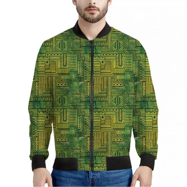 Green And Black African Ethnic Print Bomber Jacket