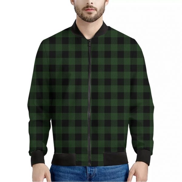 Green And Black Buffalo Plaid Print Bomber Jacket