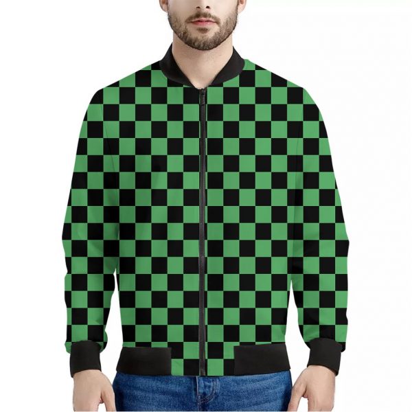 Green And Black Checkered Pattern Print Bomber Jacket