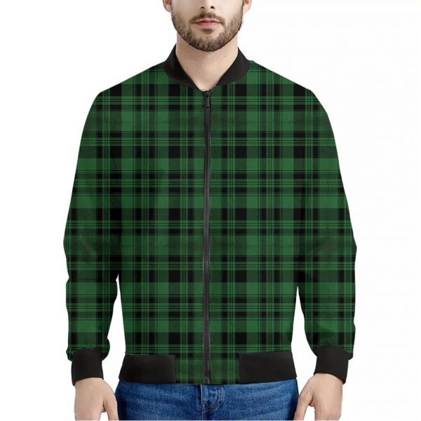 Green And Black Tartan Pattern Print Bomber Jacket