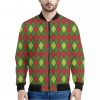 Green And Red Christmas Argyle Print Bomber Jacket