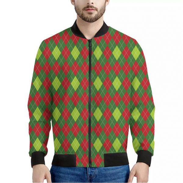Green And Red Christmas Argyle Print Bomber Jacket