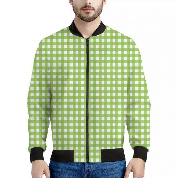 Green And White Check Pattern Print Bomber Jacket