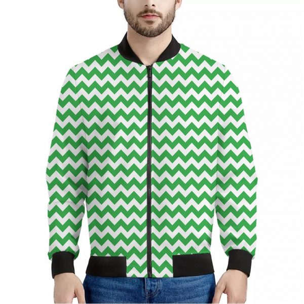 Green And White Chevron Pattern Print Bomber Jacket