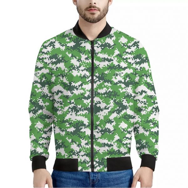 Green And White Digital Camo Print Bomber Jacket