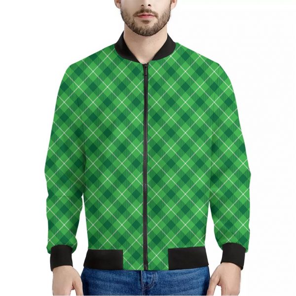 Green And White Plaid Pattern Print Bomber Jacket
