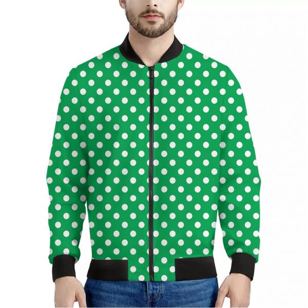 Green And White Polka Dot Pattern Print Bomber Jacket