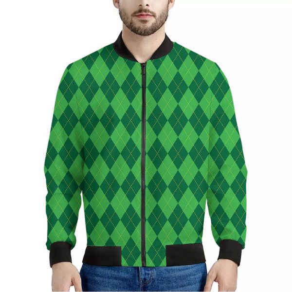 Green Argyle Pattern Print Bomber Jacket