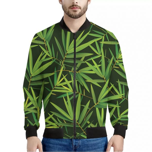 Green Bamboo Leaf Pattern Print Bomber Jacket