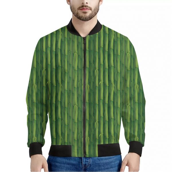 Green Bamboo Tree Pattern Print Bomber Jacket