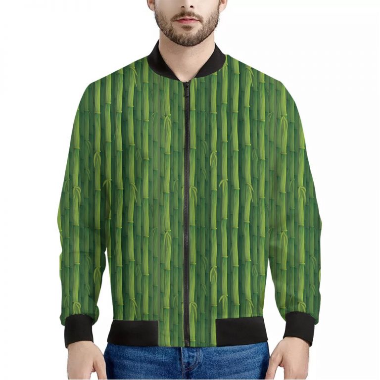 Green Bamboo Tree Pattern Print Bomber Jacket