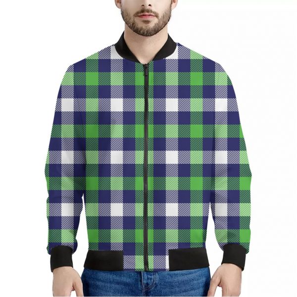 Green Blue And White Buffalo Plaid Print Bomber Jacket