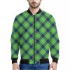 Green Blue And White Plaid Pattern Print Bomber Jacket