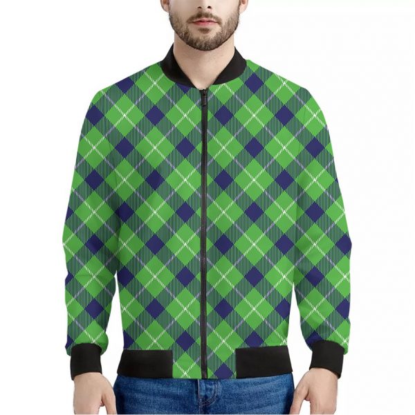 Green Blue And White Plaid Pattern Print Bomber Jacket