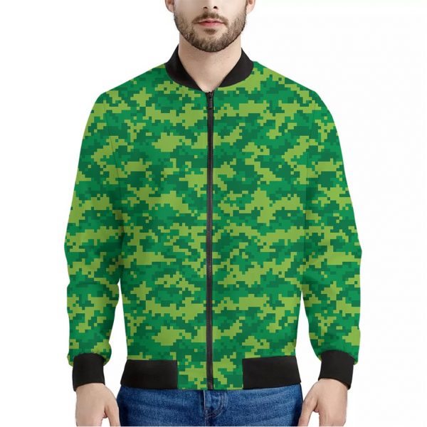 Green Digital Camo Pattern Print Bomber Jacket