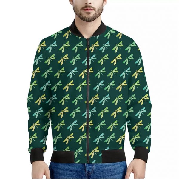 Green Dragonfly Pattern Print Bomber Jacket