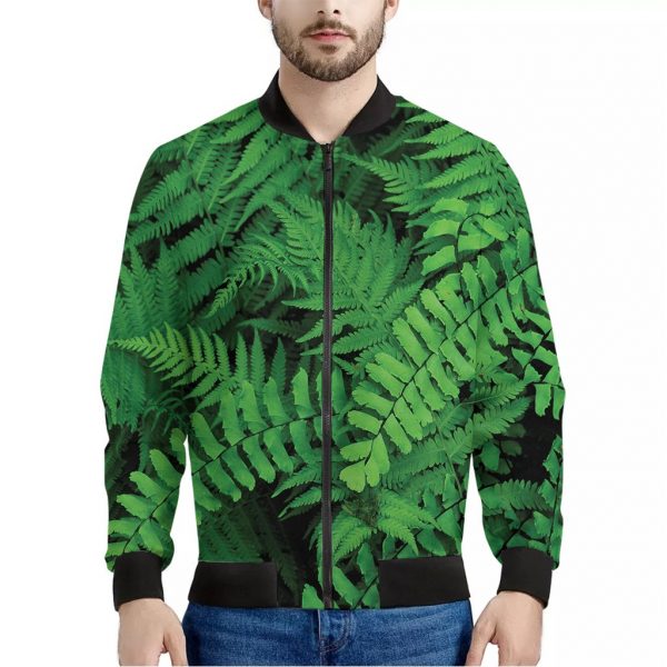 Green Fern Leaf Print Bomber Jacket