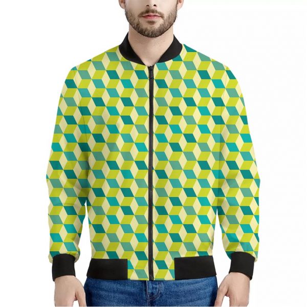 Green Geometric Cube Shape Pattern Print Bomber Jacket