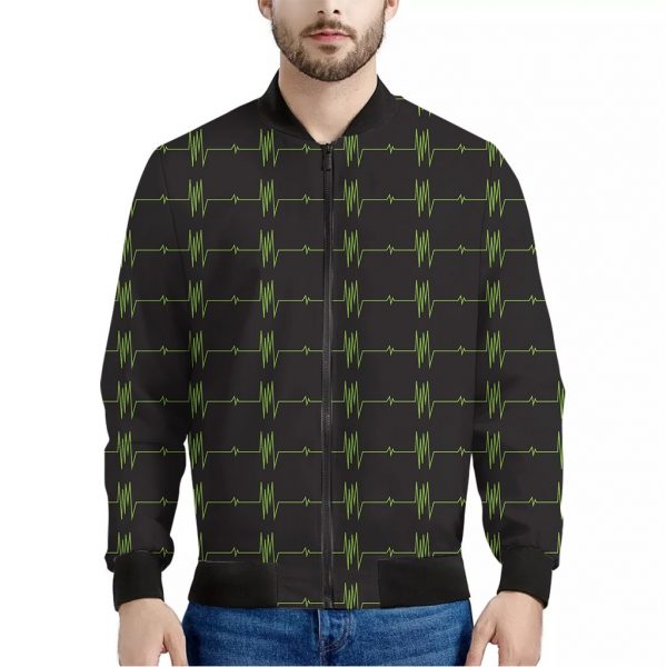 Green Heartbeat Pattern Print Bomber Jacket