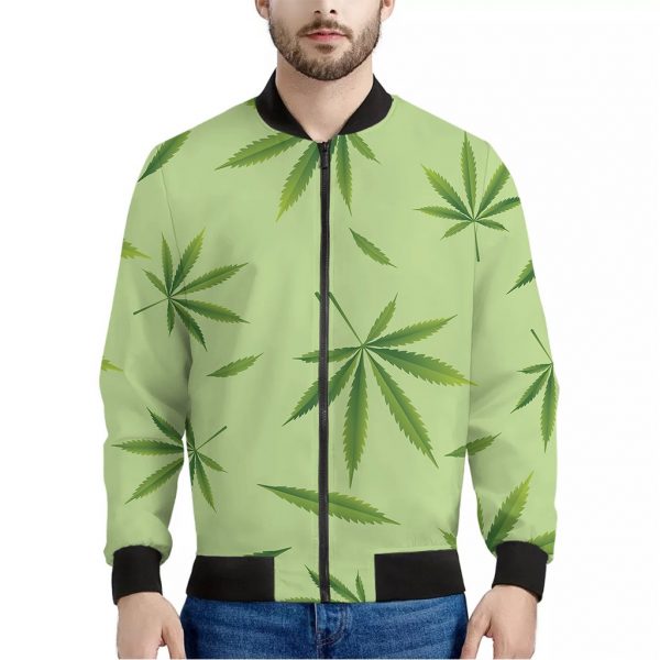 Green Hemp Leaves Pattern Print Bomber Jacket